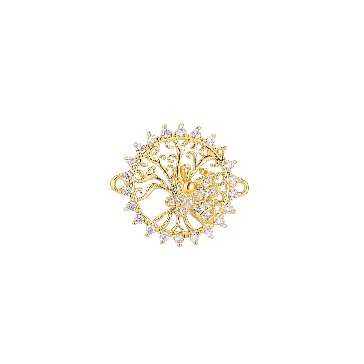 18K Gold Filled Dainty Unique Bee Medalion Cubic Zirconia Bracelet Charm Bead Finding Connector For Jewelry Making, F-019 - DLUXCA