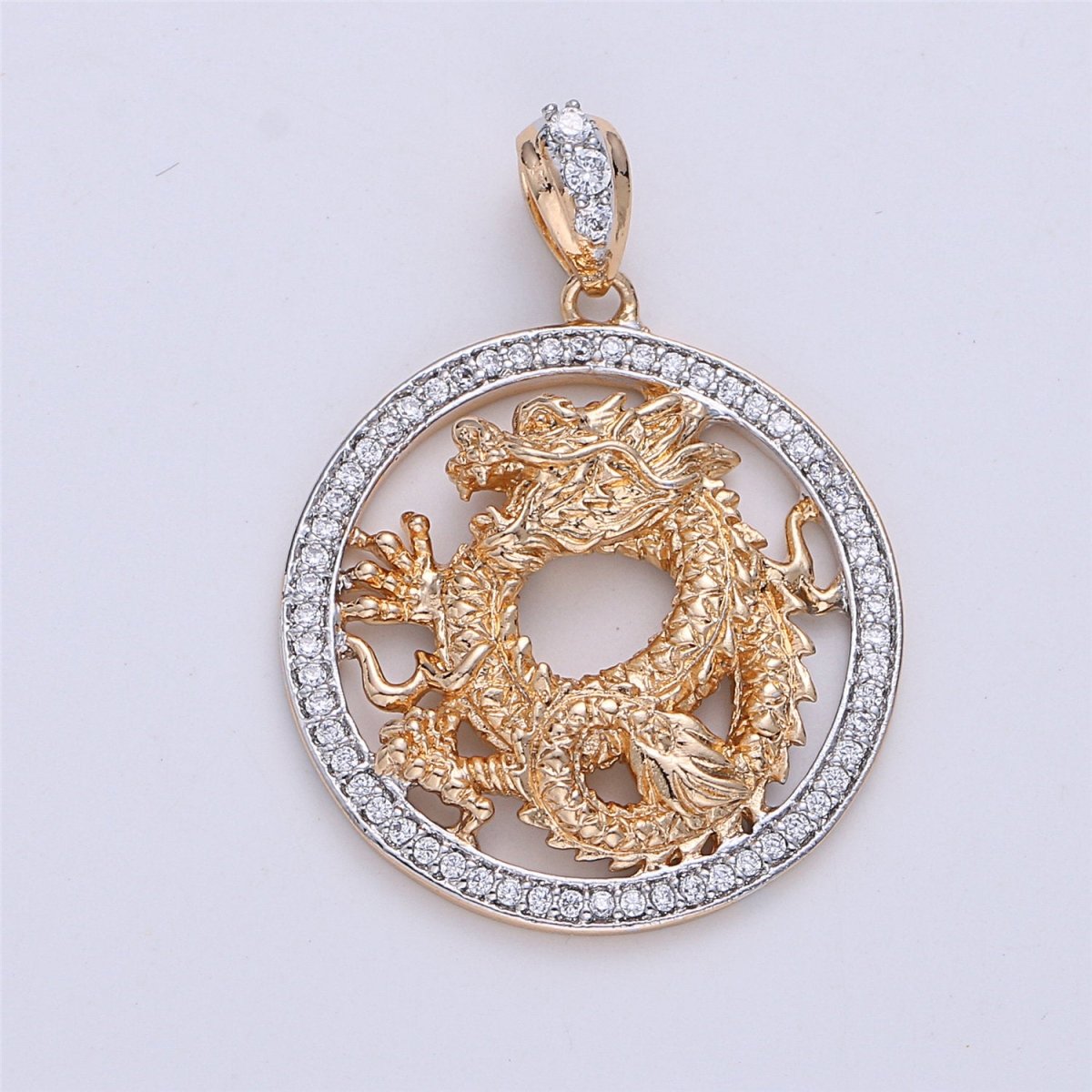 18K Gold Filled Dragon Pendant, Medallion Pendant Cubic Zirconia Dragon Necklace Pendant Charm Micro Pave Pendant for Jewelry Making I-272 - DLUXCA