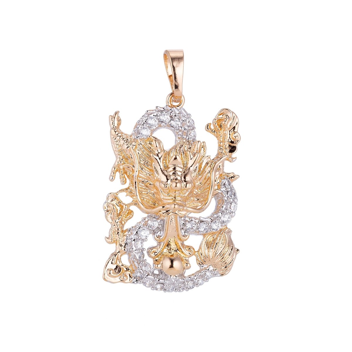18k Gold Filled Dual Color Majestic Heavenly Soaring Dragon Cubic Zirconia Necklace Pendant Bead Bails Findings for Jewelry Making H-626 - DLUXCA