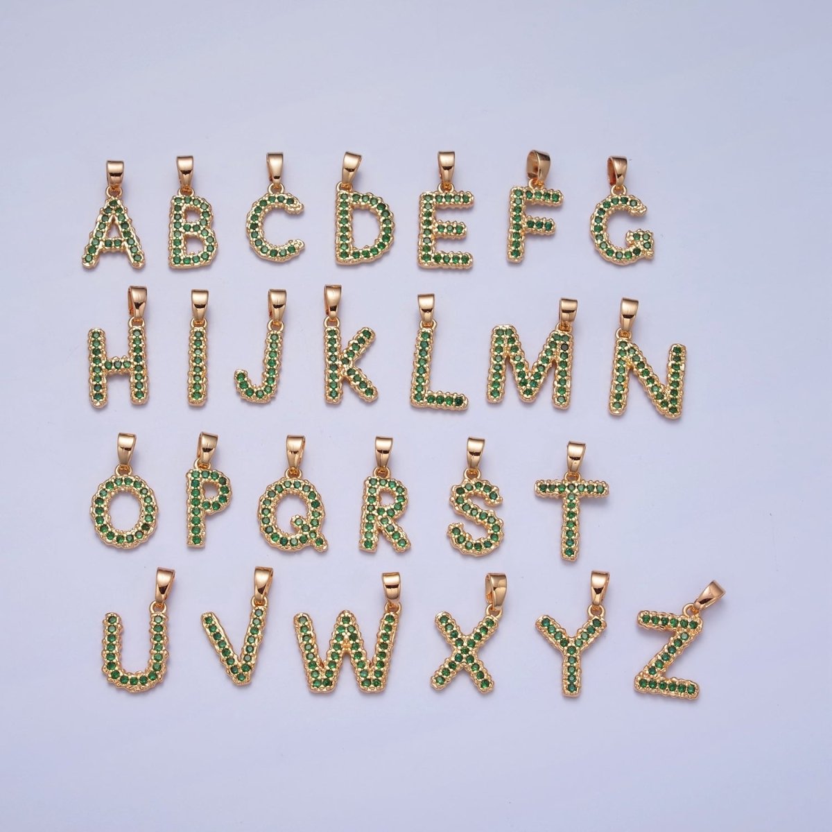 18k Gold Filled Emerald Green CZ Initial, Letter Alphabet Micro Pave charms Dainty Gold Cubic Pendant Charm for Necklace Bracelet Personalized Jewelry W-394~W-419 - DLUXCA