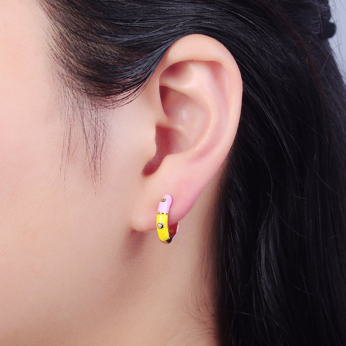 18k Gold Filled Enamel Hoops, Multi Color Mini Hoop Earrings, cz Enamel Hoops, Rainbow Hoops, Dainty Colored Hoop T-402 ~ T-404 - DLUXCA