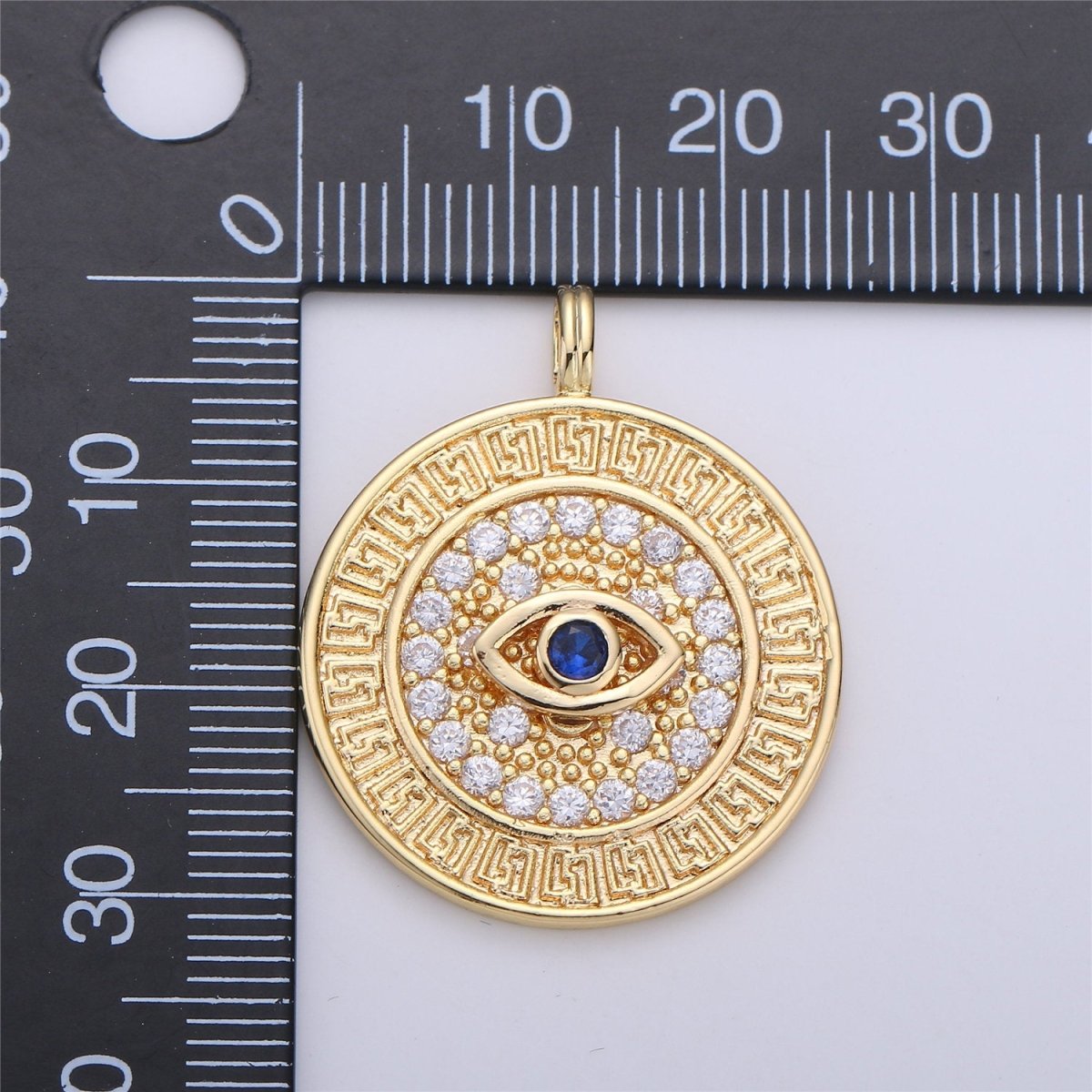 18k Gold Filled Evil Eye Charm - Gold Disc Evil Eye Pendant, Cubic Medallion Coin Charm, Religious Charm, Micro Pave Necklace Charm talisman C-652 - DLUXCA