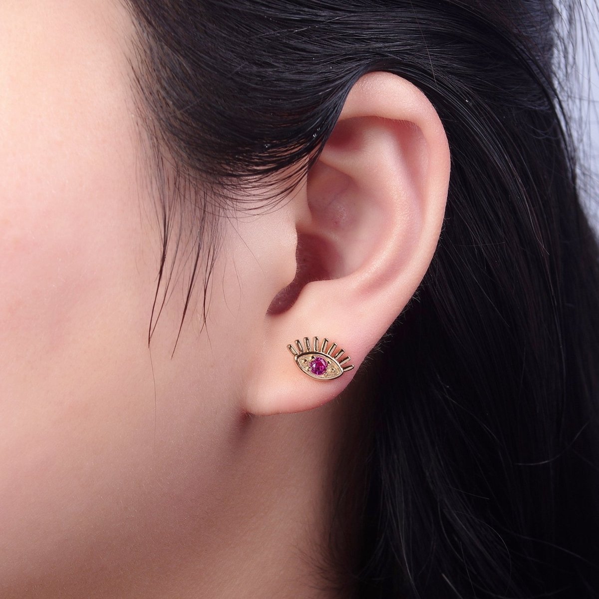 18K Gold Filled Evil Eye Fuchsia CZ Stud Earrings | V-125 - DLUXCA