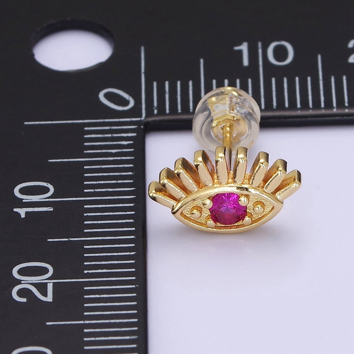 18K Gold Filled Evil Eye Fuchsia CZ Stud Earrings | V-125 - DLUXCA