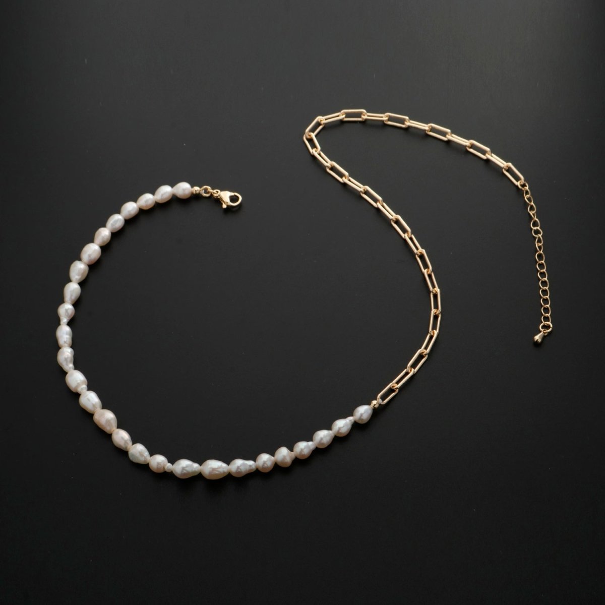 18k Gold Filled Freshwater Pearl Half Chain Necklace Paper Clip Link 16 inch + 2" extender Length Handmade Minimalist Jewelry | WA-331 Clearance Pricing - DLUXCA