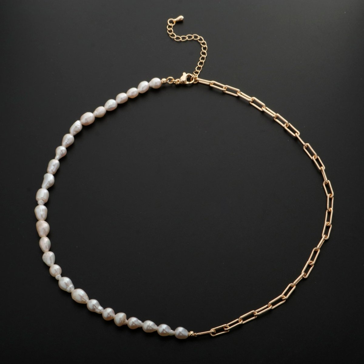 18k Gold Filled Freshwater Pearl Half Chain Necklace Paper Clip Link 16 inch + 2" extender Length Handmade Minimalist Jewelry | WA-331 Clearance Pricing - DLUXCA