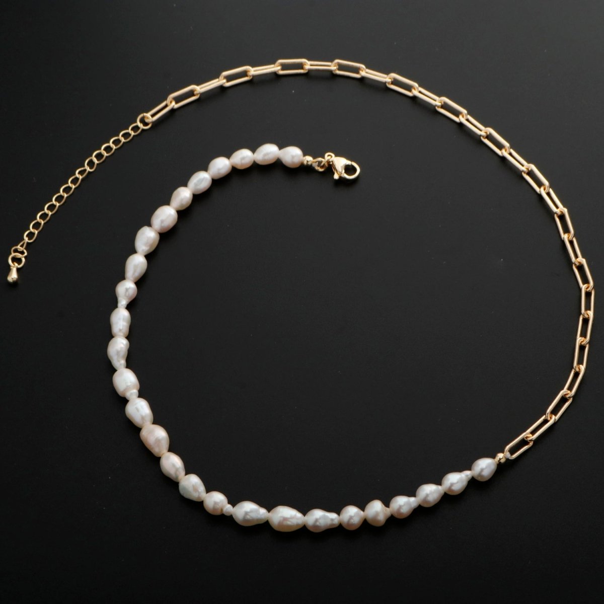18k Gold Filled Freshwater Pearl Half Chain Necklace Paper Clip Link 16 inch + 2" extender Length Handmade Minimalist Jewelry | WA-331 Clearance Pricing - DLUXCA