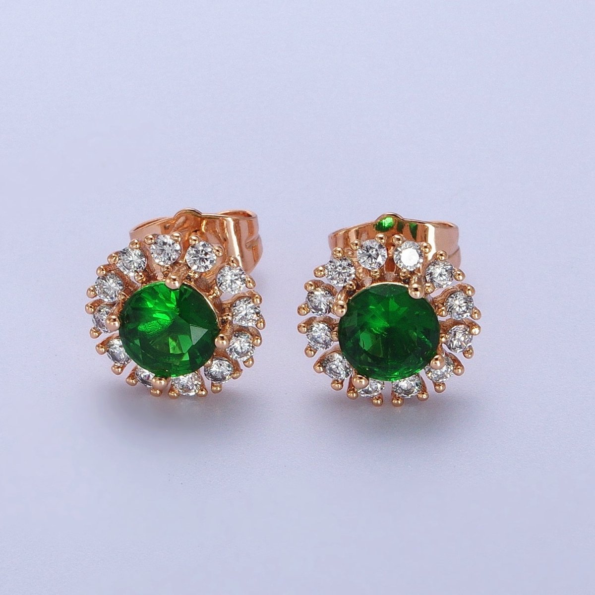 18K Gold Filled Green, Clear CZ 10.8mm Round Stud Earrings | V-003 Y-298 - DLUXCA