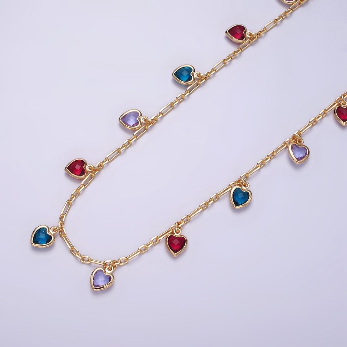18K Gold Filled Heart CZ Multicolor Multifaceted Drop Cable Paperclip Unfinished Chain For Jewelry Making | ROLL-1429 Clearance Pricing - DLUXCA