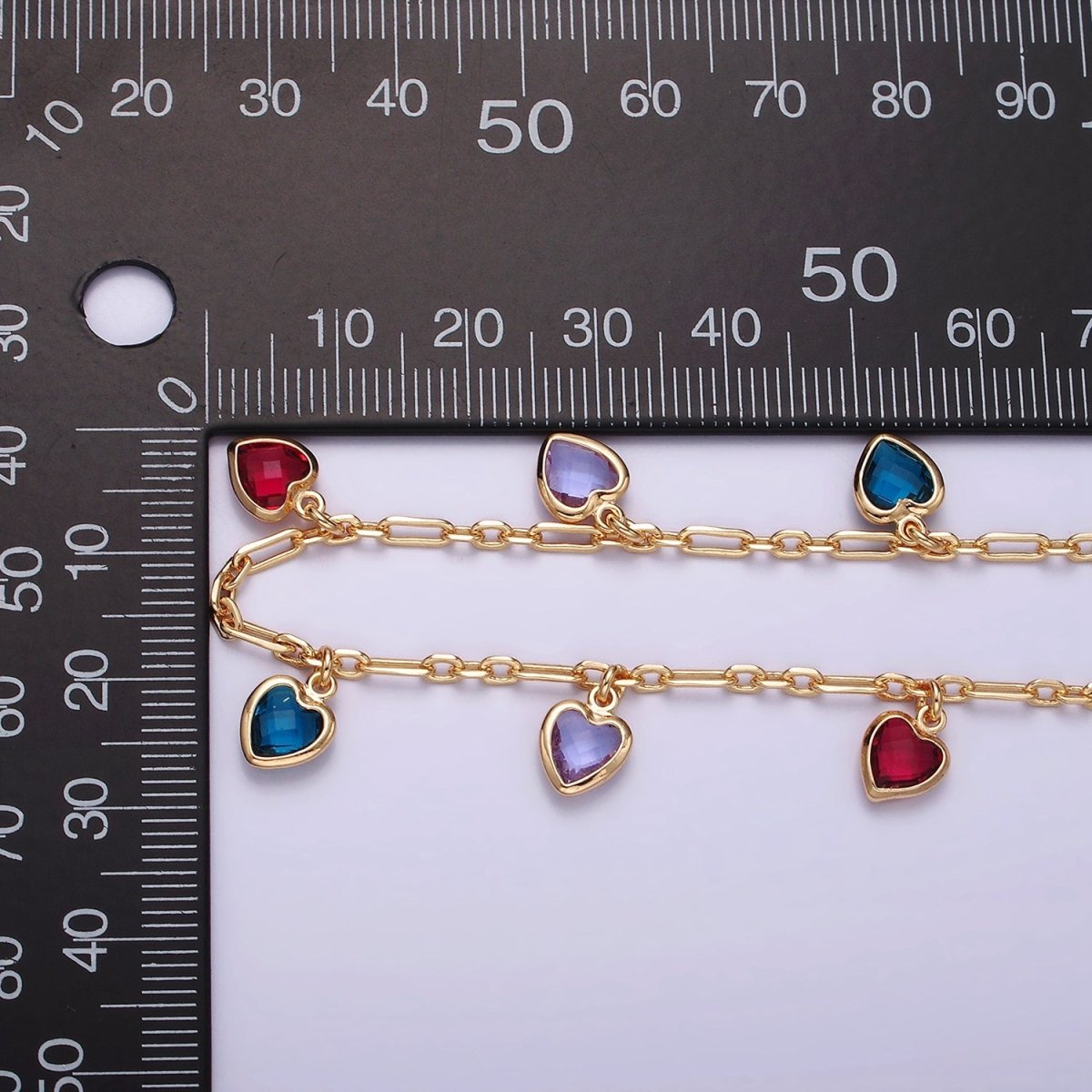 18K Gold Filled Heart CZ Multicolor Multifaceted Drop Cable Paperclip Unfinished Chain For Jewelry Making | ROLL-1429 Clearance Pricing - DLUXCA
