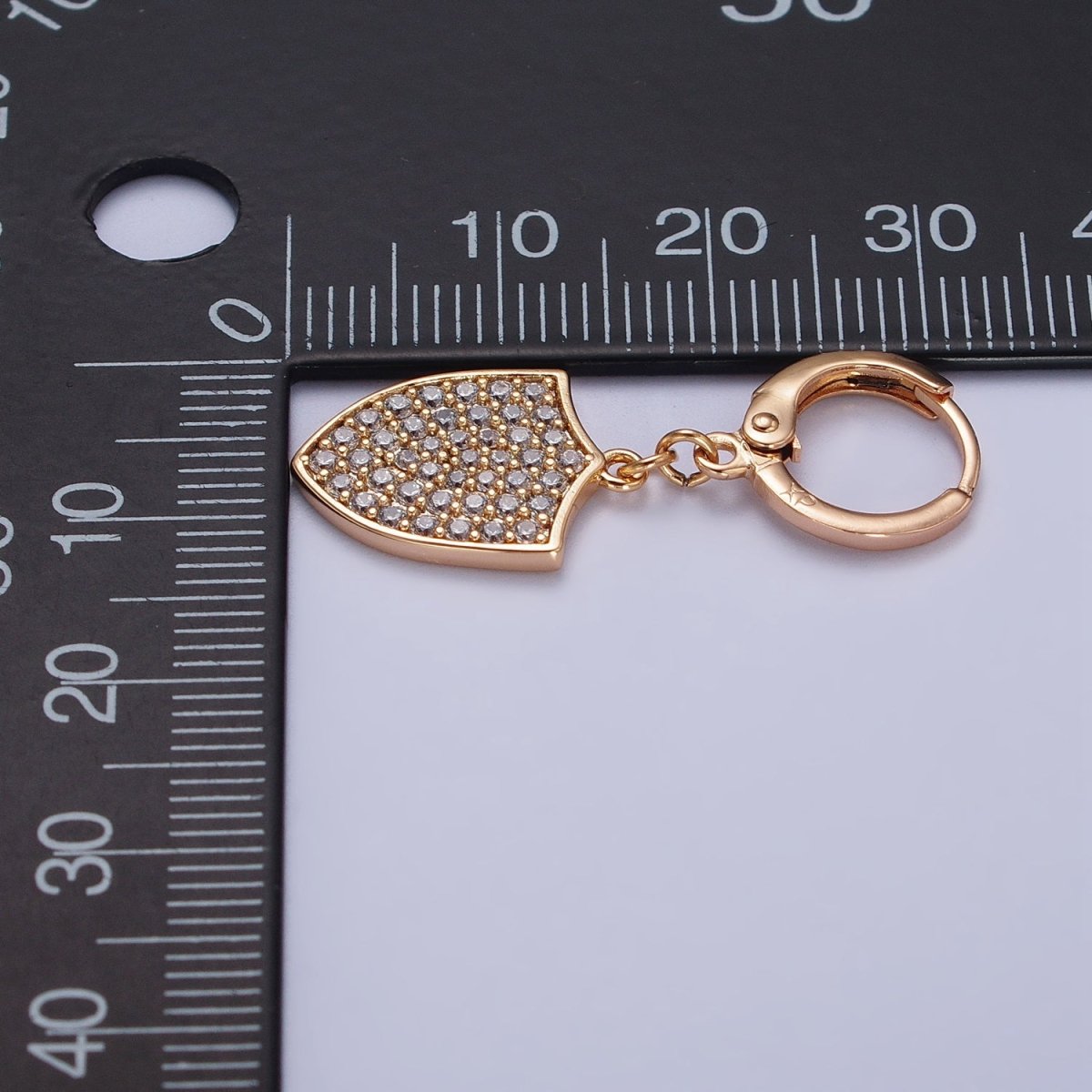 18K Gold Filled Huggie Earring with Micro Pave Shield Dangle Charm AB1050 - DLUXCA