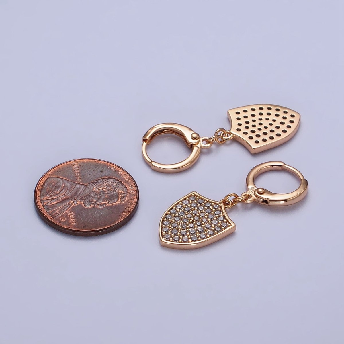 18K Gold Filled Huggie Earring with Micro Pave Shield Dangle Charm AB1050 - DLUXCA