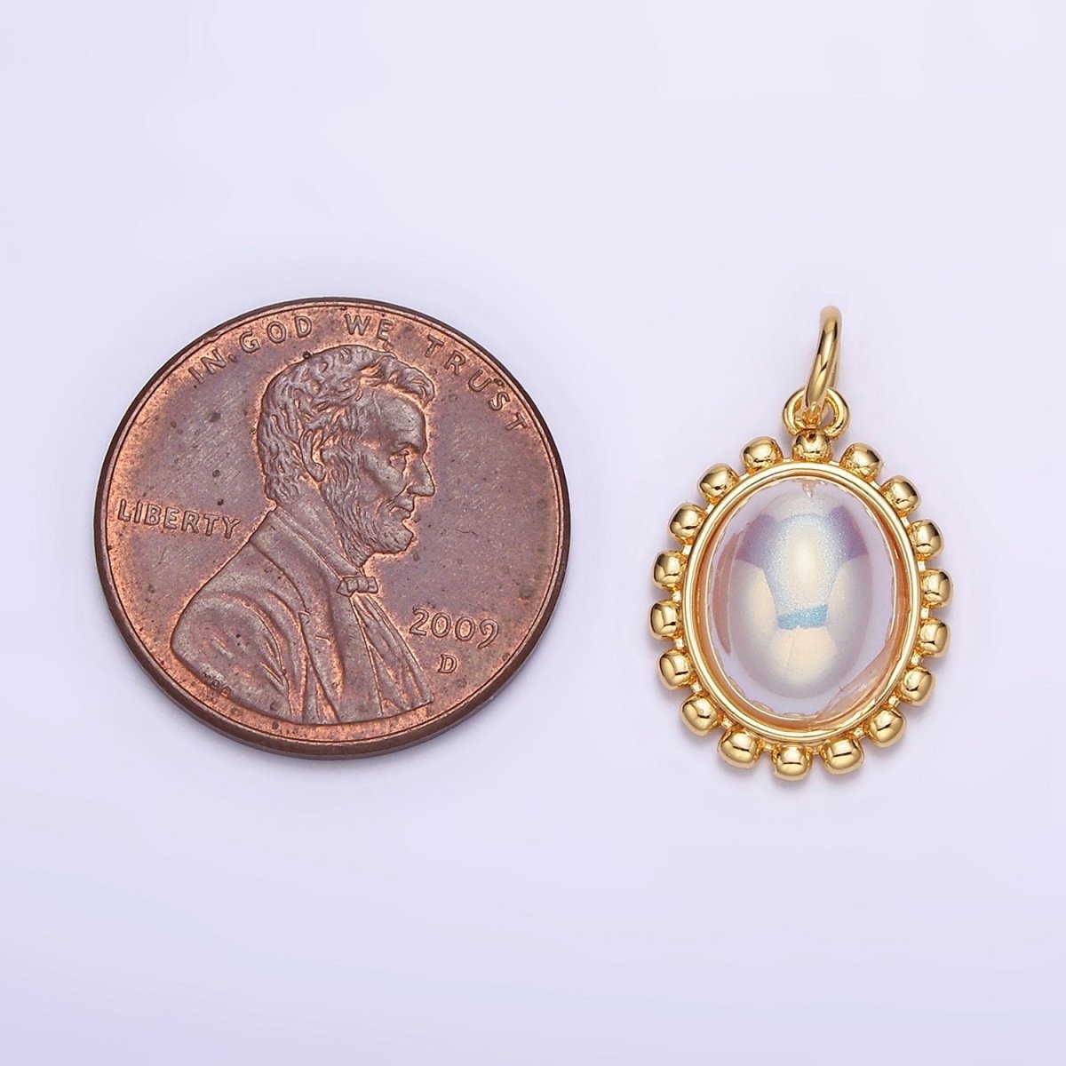 18K Gold Filled Iridescent Pearl Oval Dotted Outline Charm | AC1441 - DLUXCA