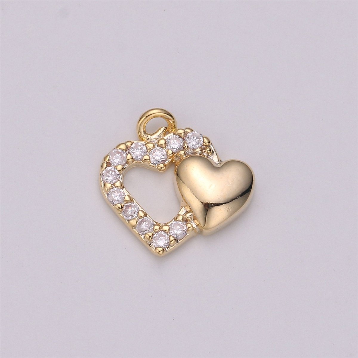 18k Gold Filled Joined Heart Charm,Dual Heart Pendant, Two Hearts Charm, Gold Heart Charm Micro Pave Charm C-528 - DLUXCA