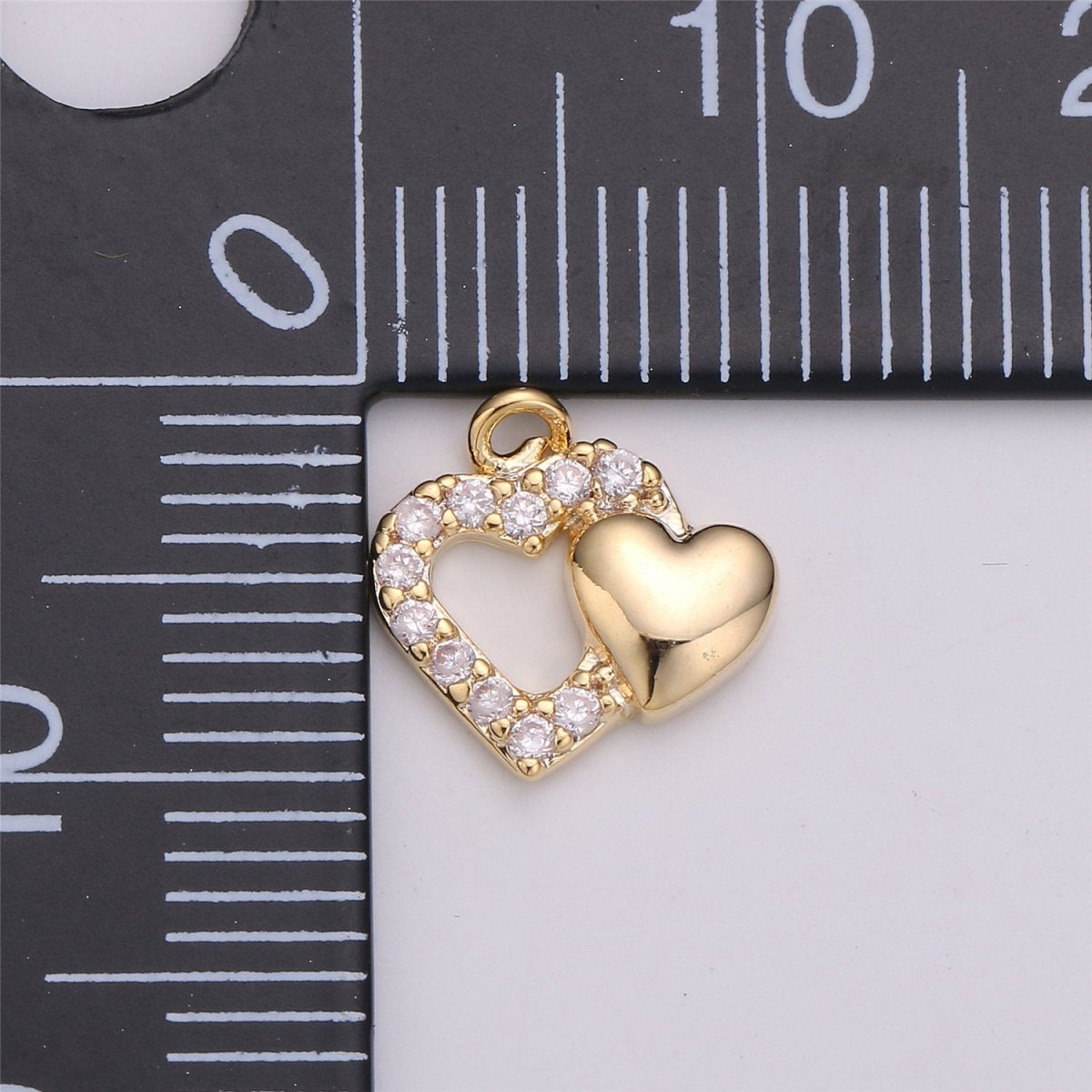 18k Gold Filled Joined Heart Charm,Dual Heart Pendant, Two Hearts Charm, Gold Heart Charm Micro Pave Charm C-528 - DLUXCA