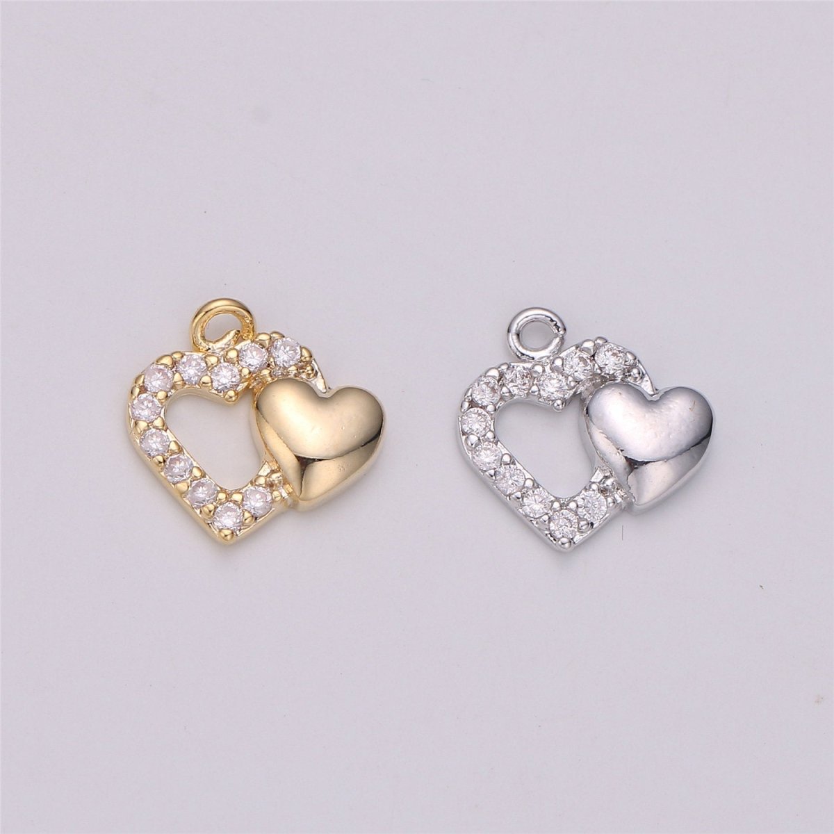 18k Gold Filled Joined Heart Charm,Dual Heart Pendant, Two Hearts Charm, Gold Heart Charm Micro Pave Charm C-528 - DLUXCA