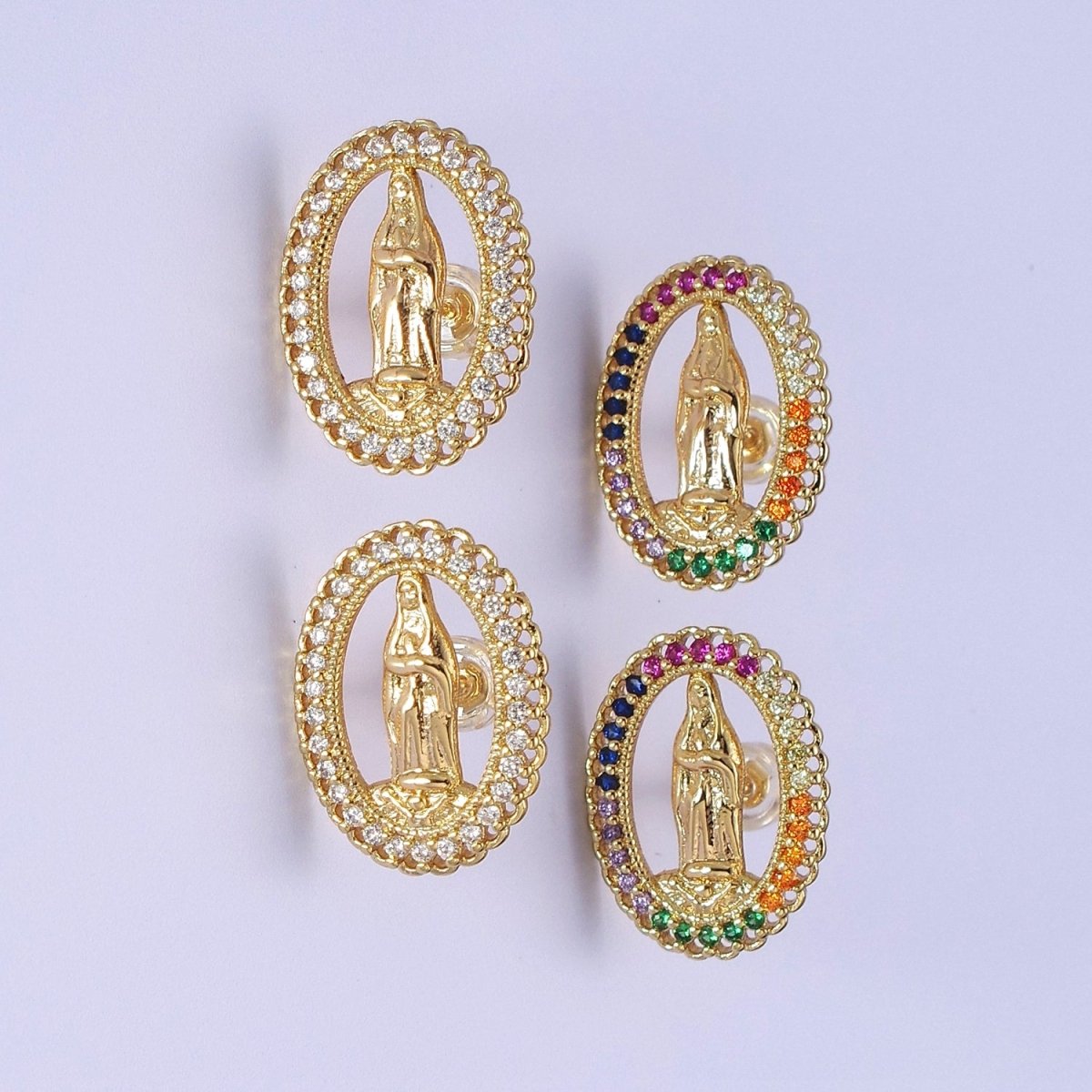 18K Gold Filled Lady Guadalupe Stud Earring with Clear Rainbow Cubic Zirconia V-102 V-103 - DLUXCA