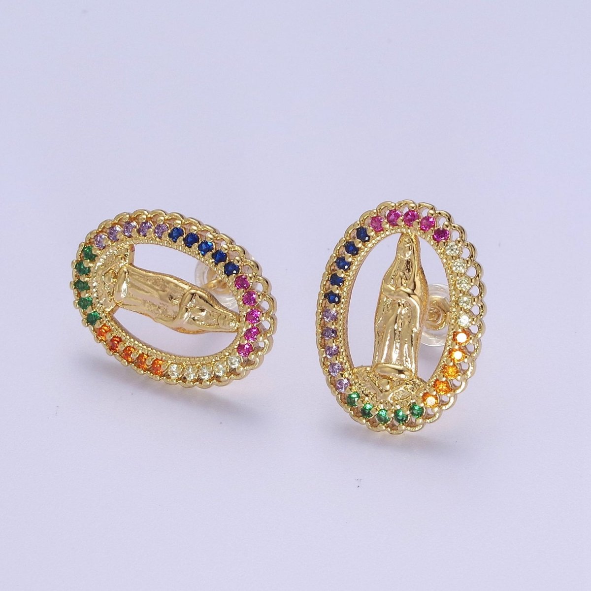 18K Gold Filled Lady Guadalupe Stud Earring with Clear Rainbow Cubic Zirconia V-102 V-103 - DLUXCA