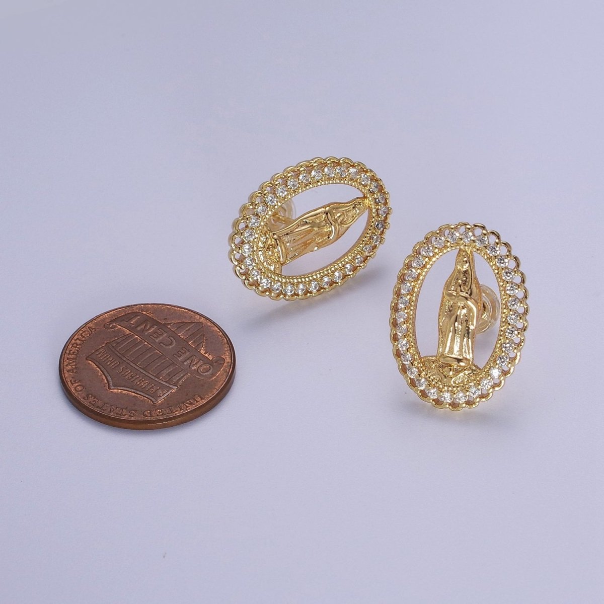 18K Gold Filled Lady Guadalupe Stud Earring with Clear Rainbow Cubic Zirconia V-102 V-103 - DLUXCA