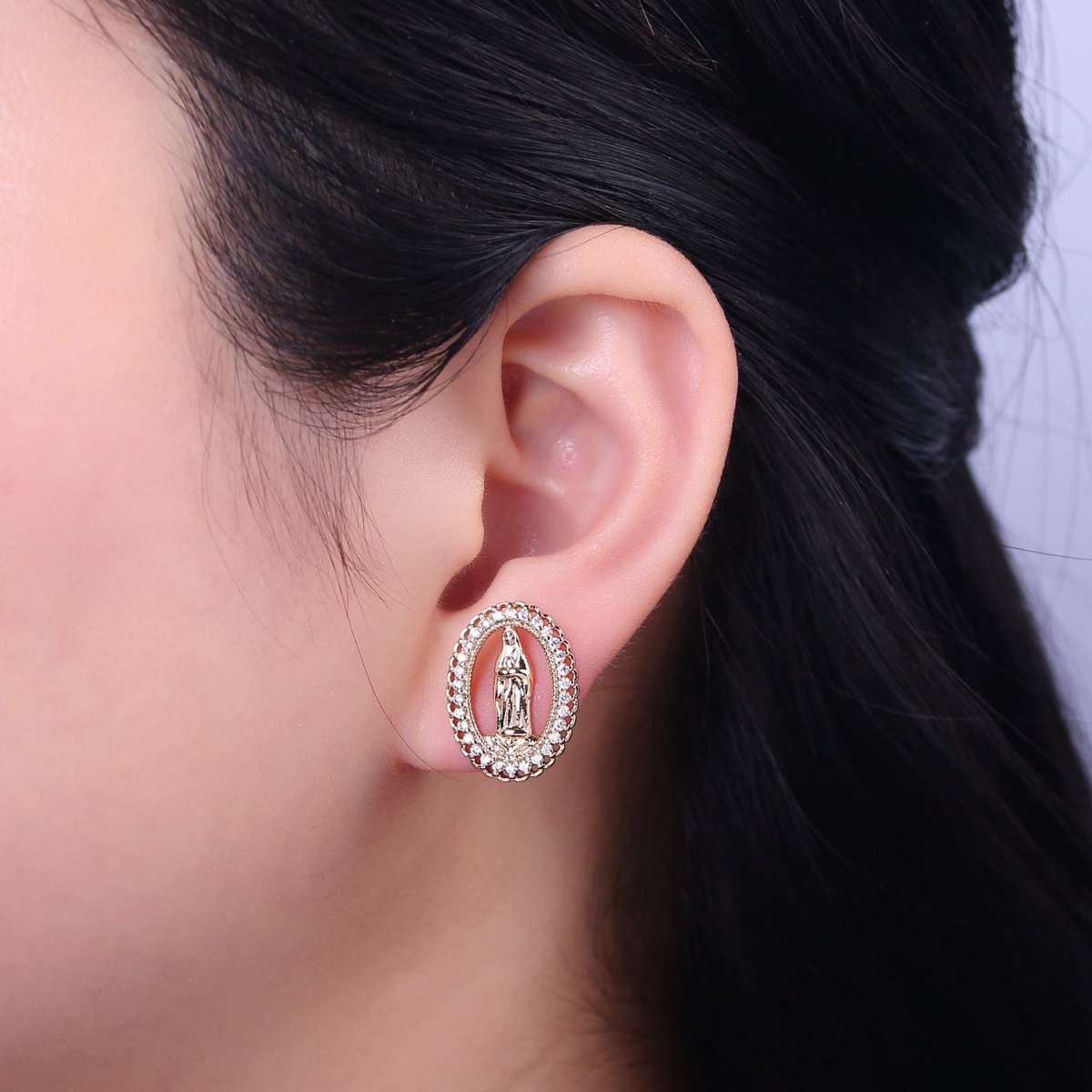 18K Gold Filled Lady Guadalupe Stud Earring with Clear Rainbow Cubic Zirconia V-102 V-103 - DLUXCA