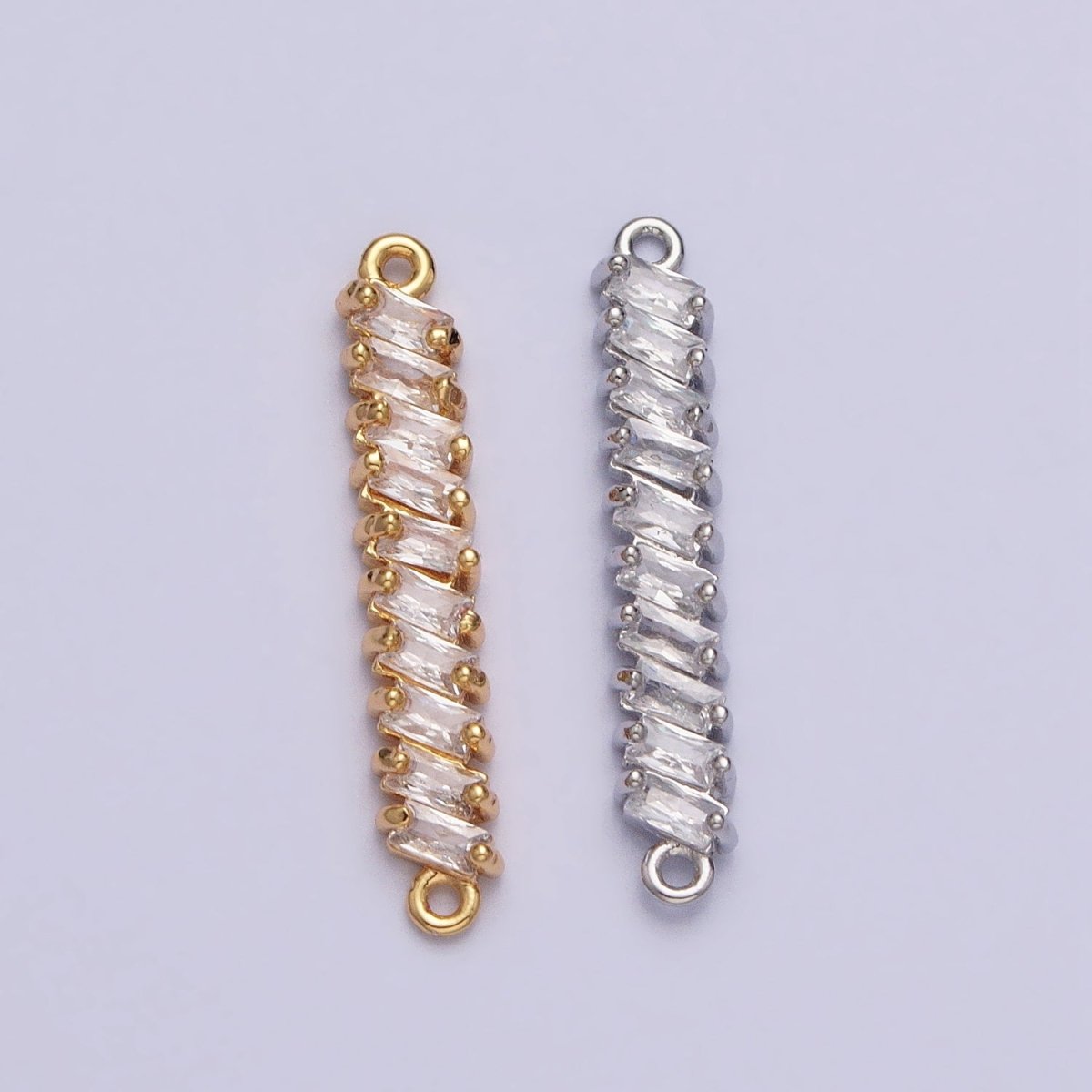 18K Gold Filled Leaning Clear Baguette Lined 23.3mm Connector in Gold & Silver | AA950 AA951 - DLUXCA