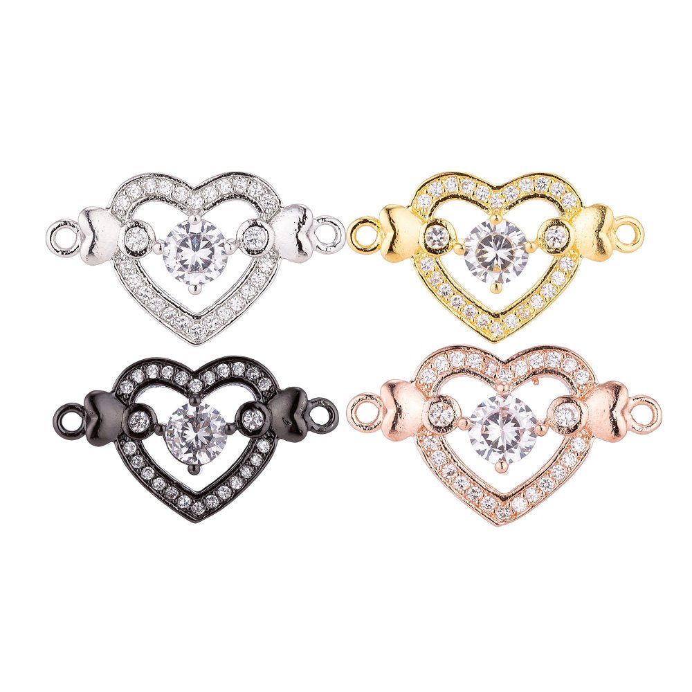 18K Gold Filled Lovely Elegant Heart With Crystal Cubic Zirconia Bracelet Charm Bead Finding Connector For Jewelry Making F-031 - DLUXCA