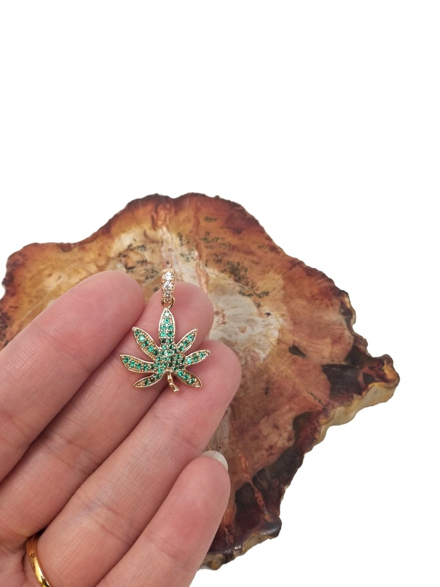 18K Gold Filled Marijuana Leaf Six Leaves Plant Necklace Pendant Micro Pave Green Leaf Charm Bracelet Earring Charm Bails for Jewelry Making I-079 H-871 - DLUXCA