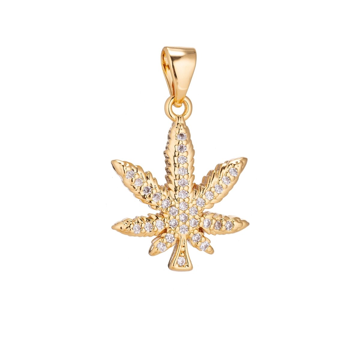 18K Gold Filled Marijuana Leaf Six Leaves Weed Necklace Pendant Micro Pave Leaf Char H-914 - DLUXCA