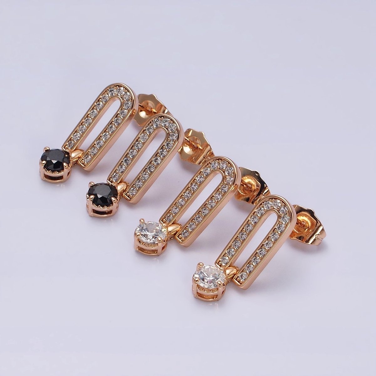 18K Gold Filled Micro Paved CZ Open Oblong Round Clear, Purple Drop Stud Earrings | AD1317AD1318 - DLUXCA