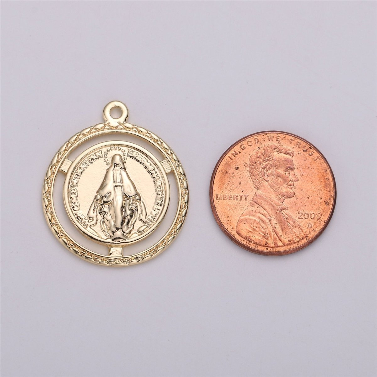 18K Gold Filled Miraculous Lady Medallion Charm with Decorative Edge, Round Coin Pendant Catholic Charm Silver Gold Virgin Mary Charm C-534 - DLUXCA