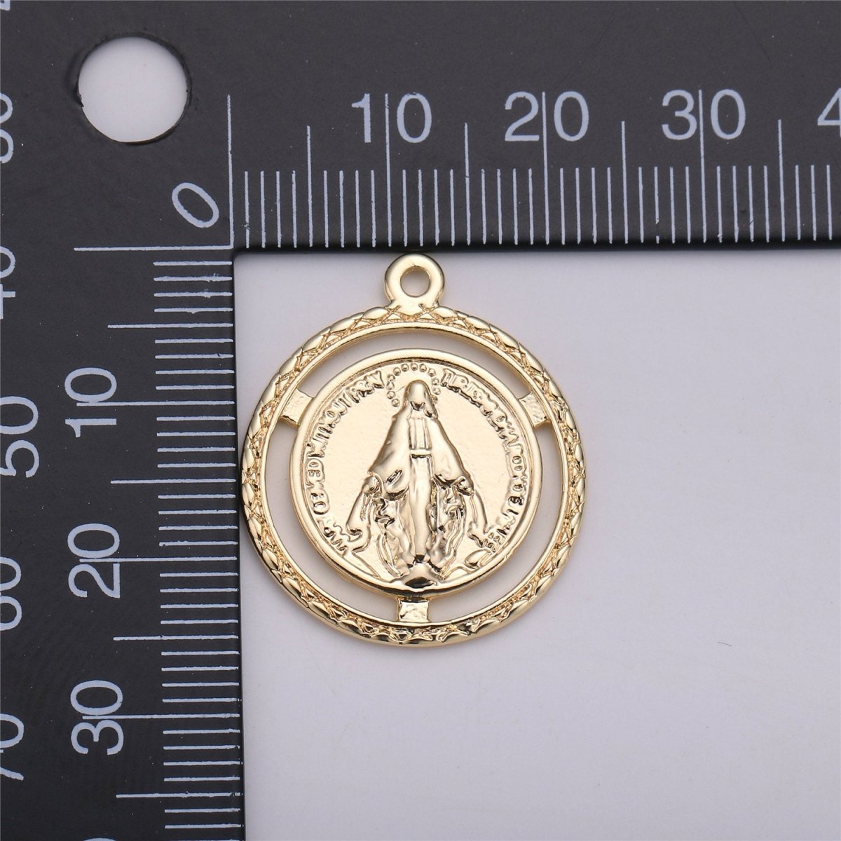 18K Gold Filled Miraculous Lady Medallion Charm with Decorative Edge, Round Coin Pendant Catholic Charm Silver Gold Virgin Mary Charm C-534 - DLUXCA