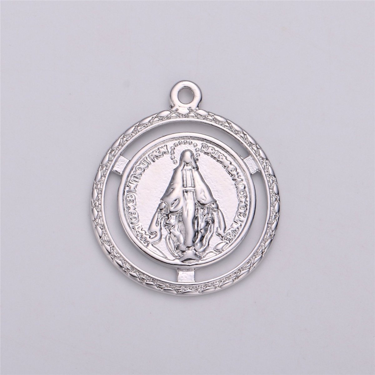 18K Gold Filled Miraculous Lady Medallion Charm with Decorative Edge, Round Coin Pendant Catholic Charm Silver Gold Virgin Mary Charm C-534 - DLUXCA