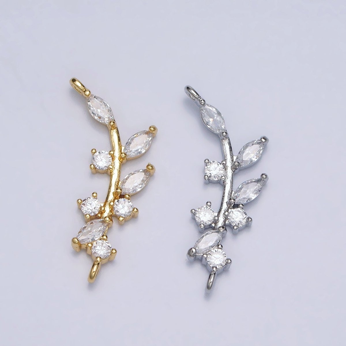 18K Gold Filled Nature Olive Leaf Marquise CZ Curved Connector in Gold & Silver | AA954 AA955 - DLUXCA