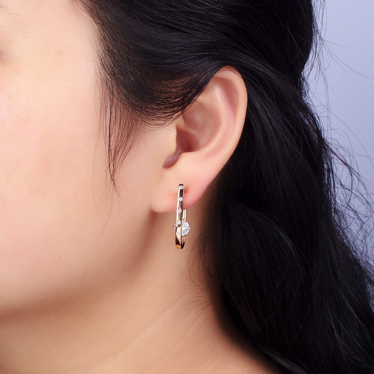 18K Gold Filled Oblong Hoop Earring with CZ Stone AB1046 - DLUXCA