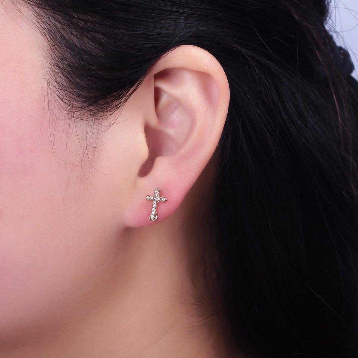 18K Gold Filled Passion Cross Micro Paved CZ Religious Stud Earrings | AD1457 - DLUXCA