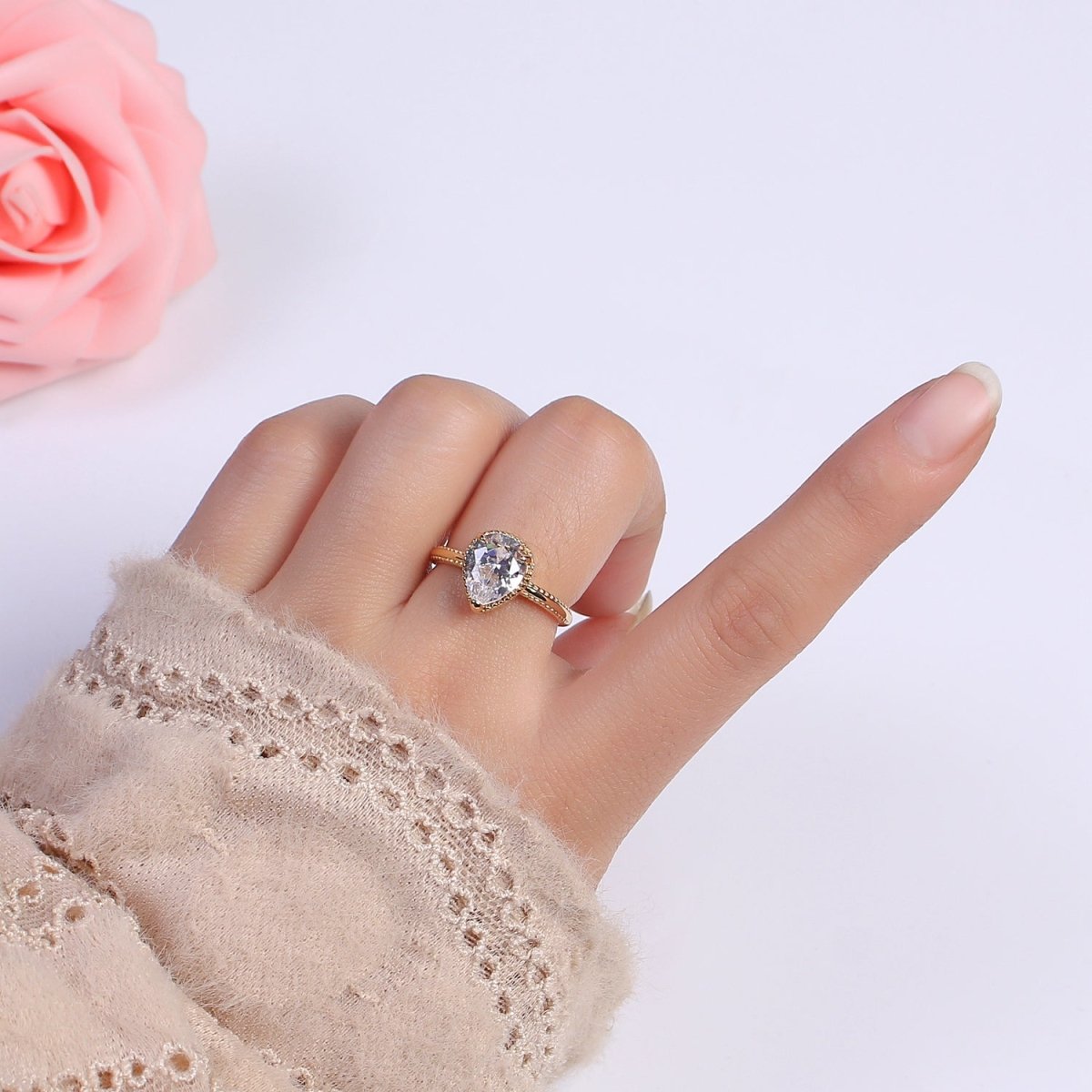 18k Gold Filled Pear Shaped Halo Engagement Ring Dainty Tear drop Ring , Wedding Ring Pear Cut Solitaire Ring Women S-429 ~ S-434 - DLUXCA