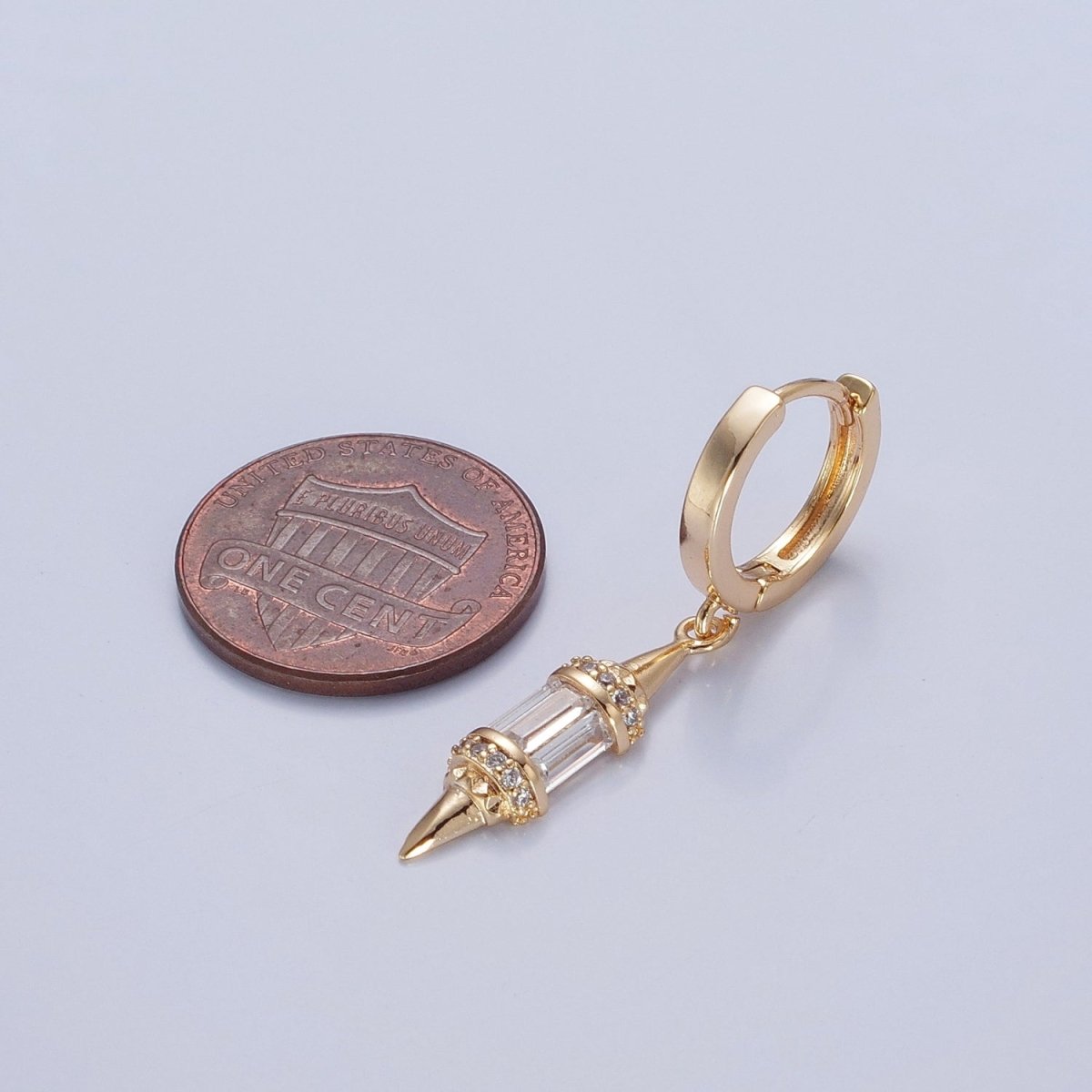 18K Gold Filled pendulum spike drop earrings, Gold Baguette spike dainty earrings, edgy style small spike earrings V-445 - DLUXCA