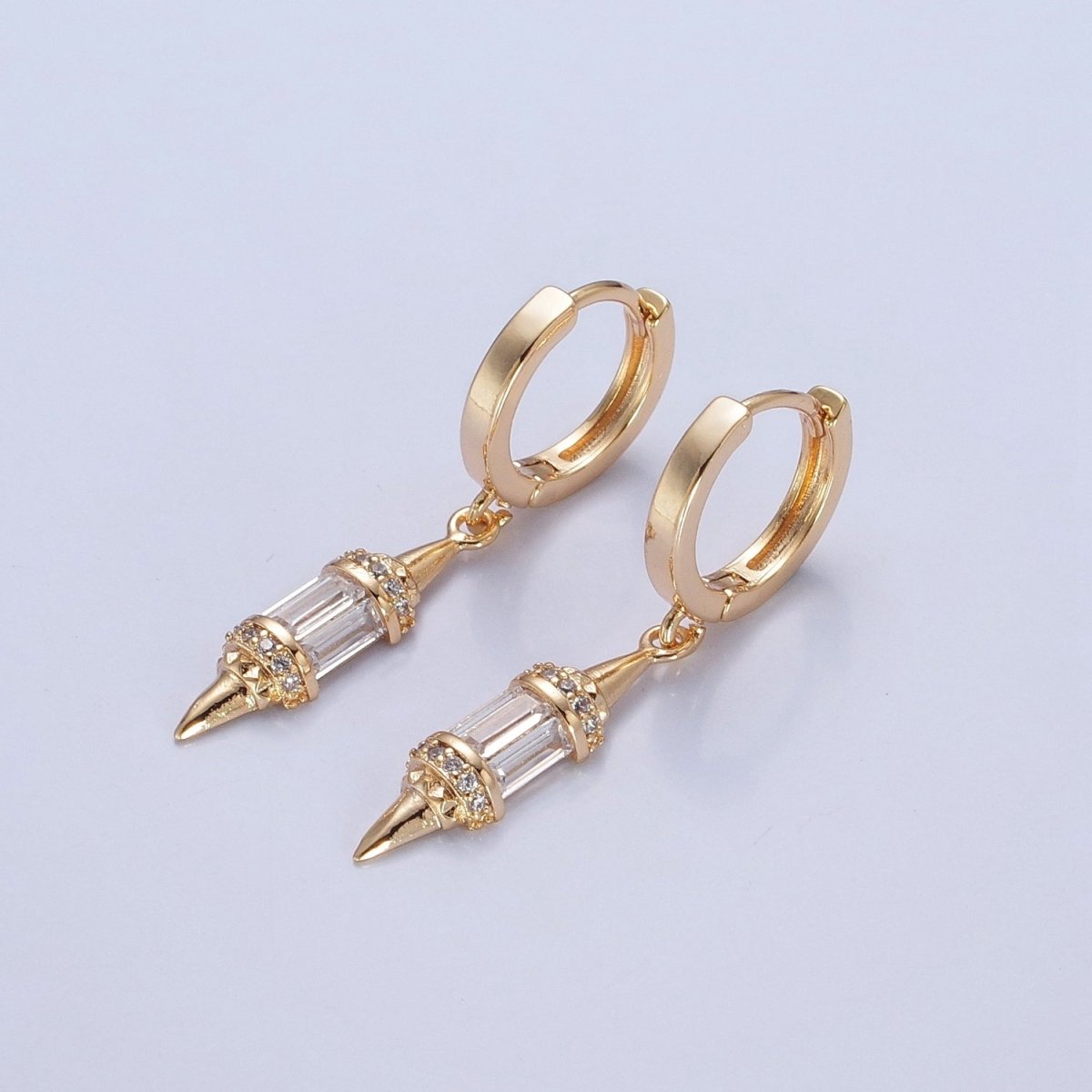 18K Gold Filled pendulum spike drop earrings, Gold Baguette spike dainty earrings, edgy style small spike earrings V-445 - DLUXCA