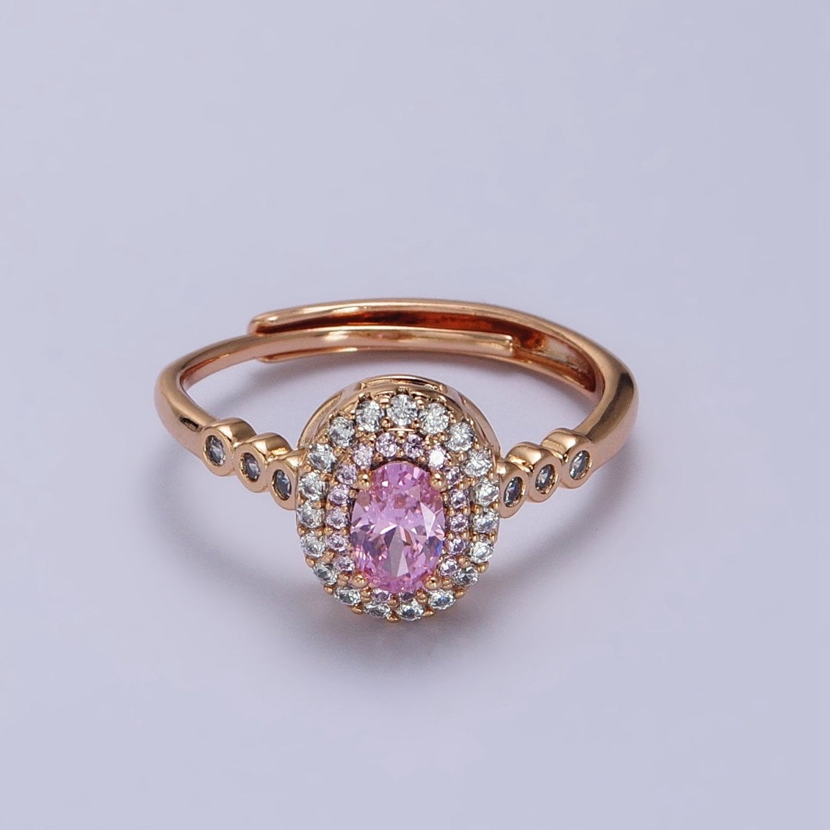 18K Gold Filled Pink, Fuchsia Oval Micro Paved Round CZ Adjustable Ring | Y-579 Y-588 - DLUXCA
