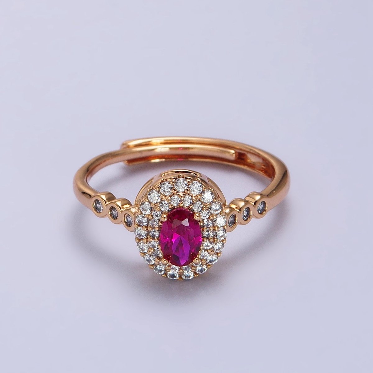 18K Gold Filled Pink, Fuchsia Oval Micro Paved Round CZ Adjustable Ring | Y-579 Y-588 - DLUXCA