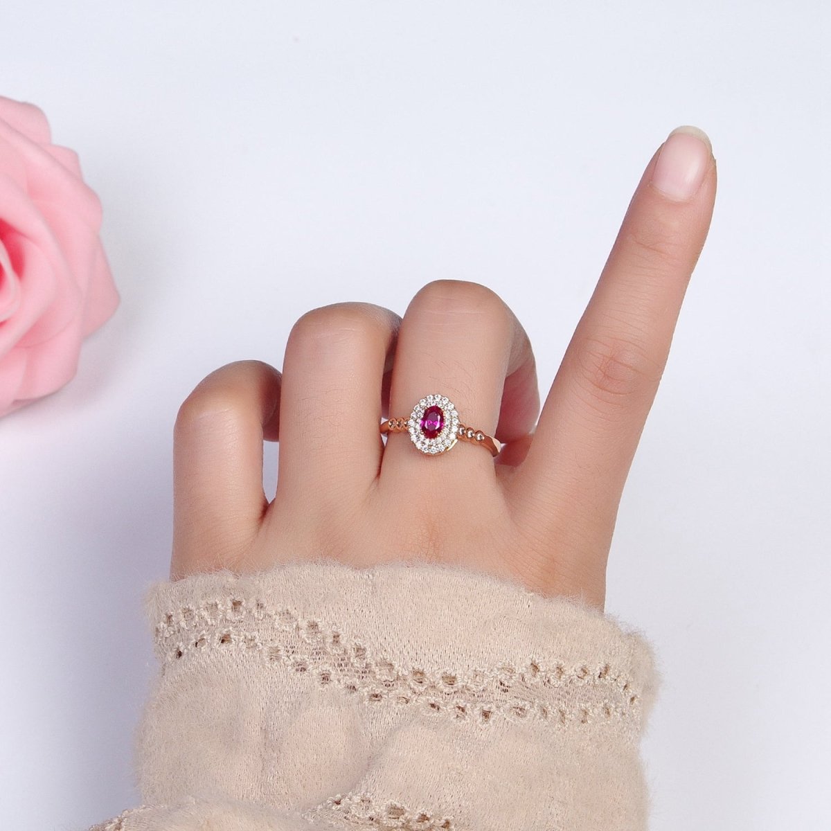 18K Gold Filled Pink, Fuchsia Oval Micro Paved Round CZ Adjustable Ring | Y-579 Y-588 - DLUXCA