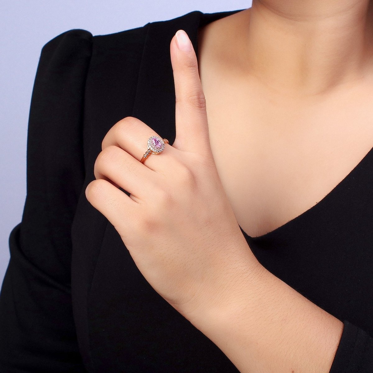 18K Gold Filled Pink, Fuchsia Oval Micro Paved Round CZ Adjustable Ring | Y-579 Y-588 - DLUXCA