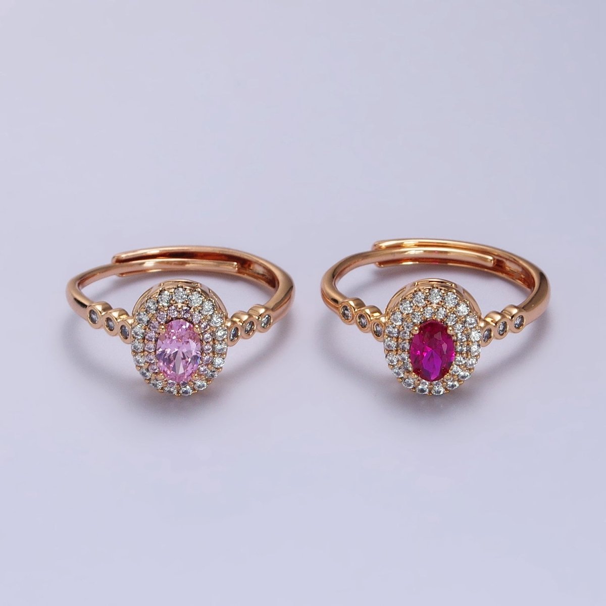 18K Gold Filled Pink, Fuchsia Oval Micro Paved Round CZ Adjustable Ring | Y-579 Y-588 - DLUXCA