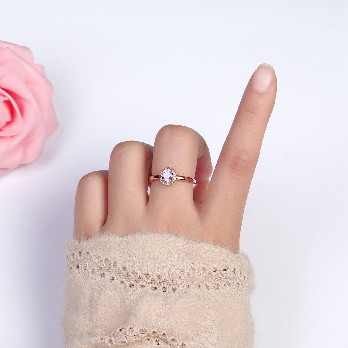 18K Gold Filled Pink Round Clear Micro Paved CZ Adjustable Ring | Y-587 - DLUXCA