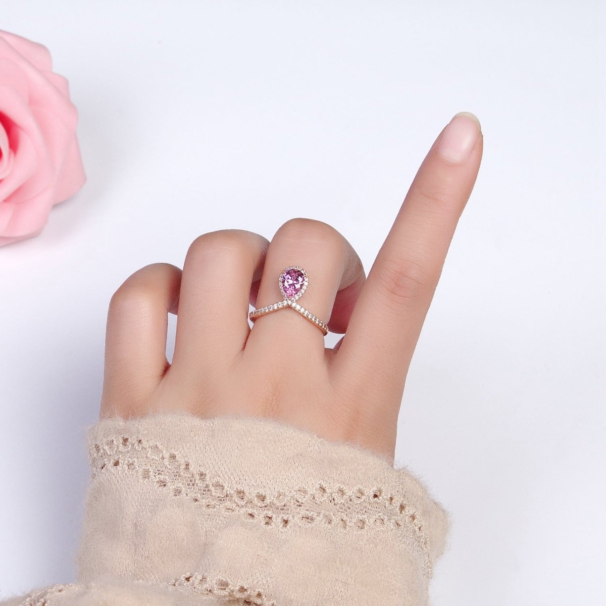 18K Gold Filled Pink Teardrop CZ Micro Paved Chevron Adjustable Ring | Y-590 - DLUXCA