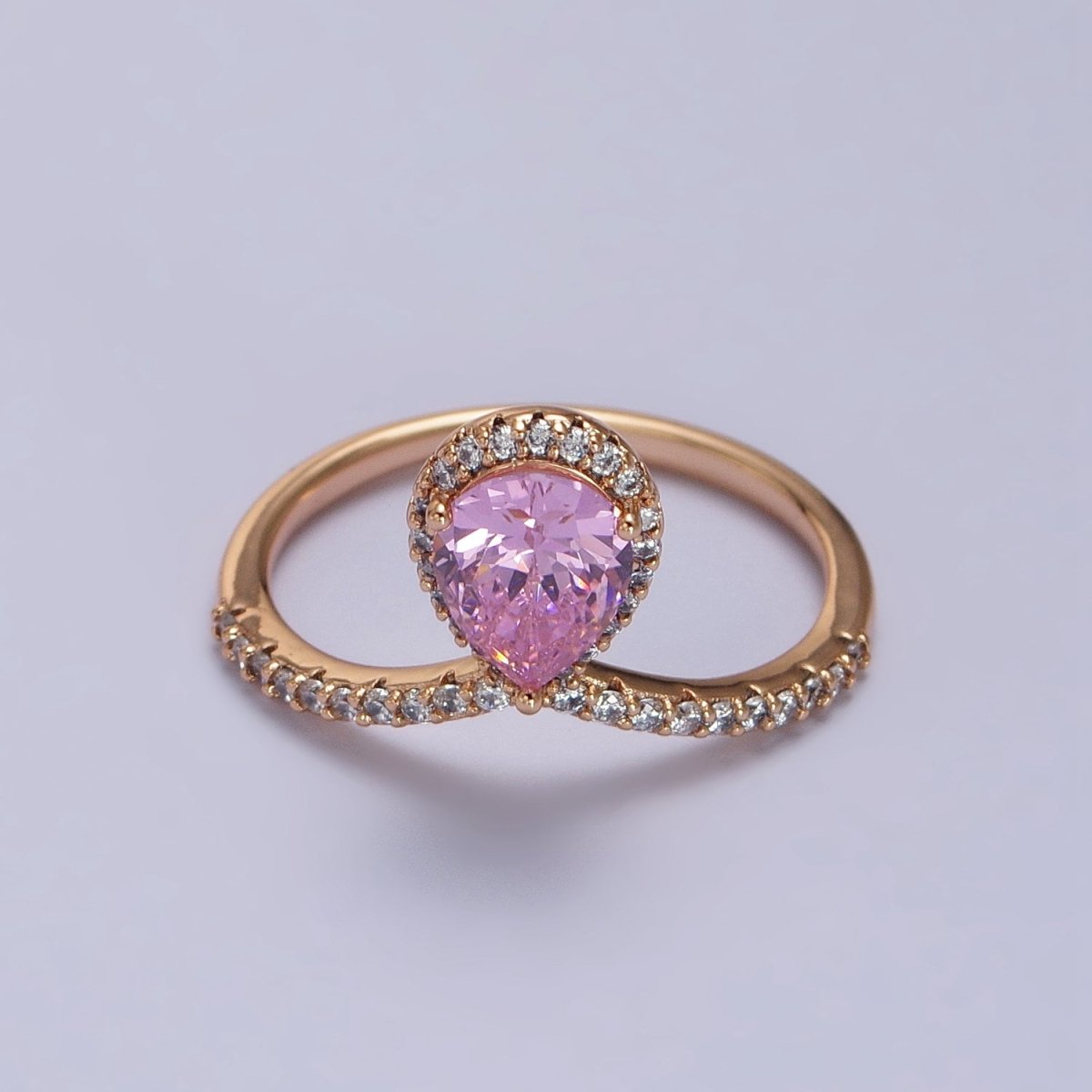 18K Gold Filled Pink Teardrop CZ Micro Paved Chevron Adjustable Ring | Y-590 - DLUXCA
