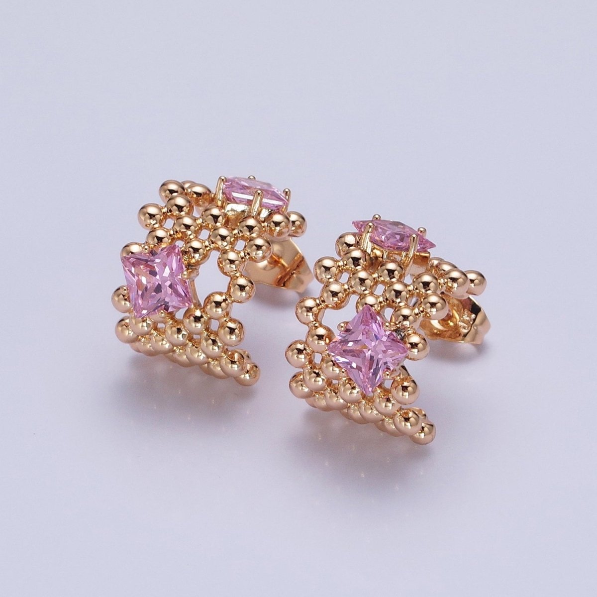 18K Gold Filled Purple, Clear, Green, Pink Square CZ Round Beaded Bubble C-Shaped Hoop Earrings | AD1401 - AD1404 - DLUXCA