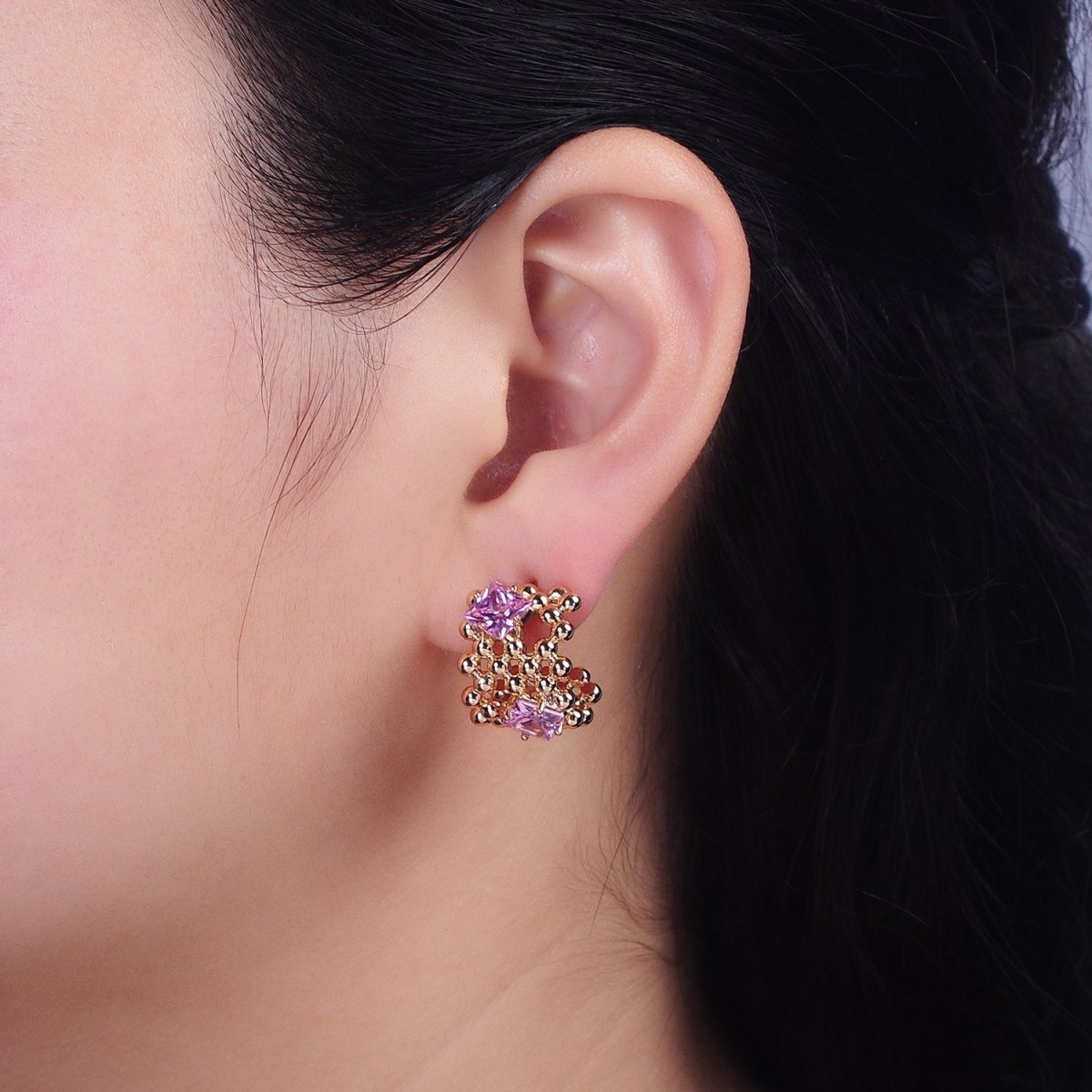 18K Gold Filled Purple, Clear, Green, Pink Square CZ Round Beaded Bubble C-Shaped Hoop Earrings | AD1401 - AD1404 - DLUXCA