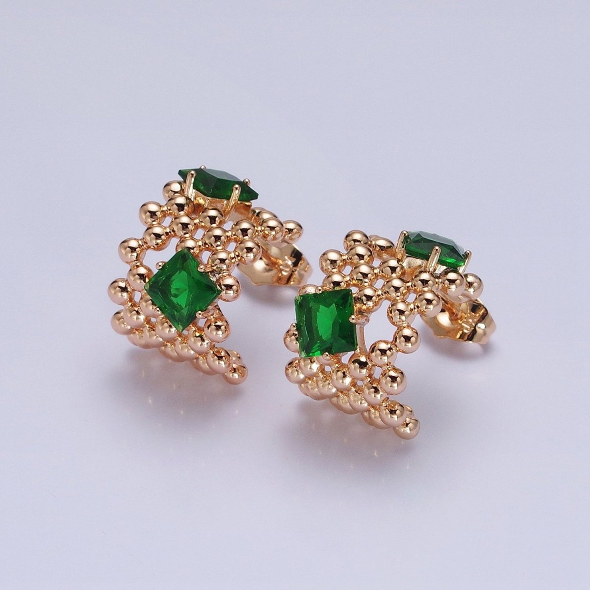 18K Gold Filled Purple, Clear, Green, Pink Square CZ Round Beaded Bubble C-Shaped Hoop Earrings | AD1401 - AD1404 - DLUXCA