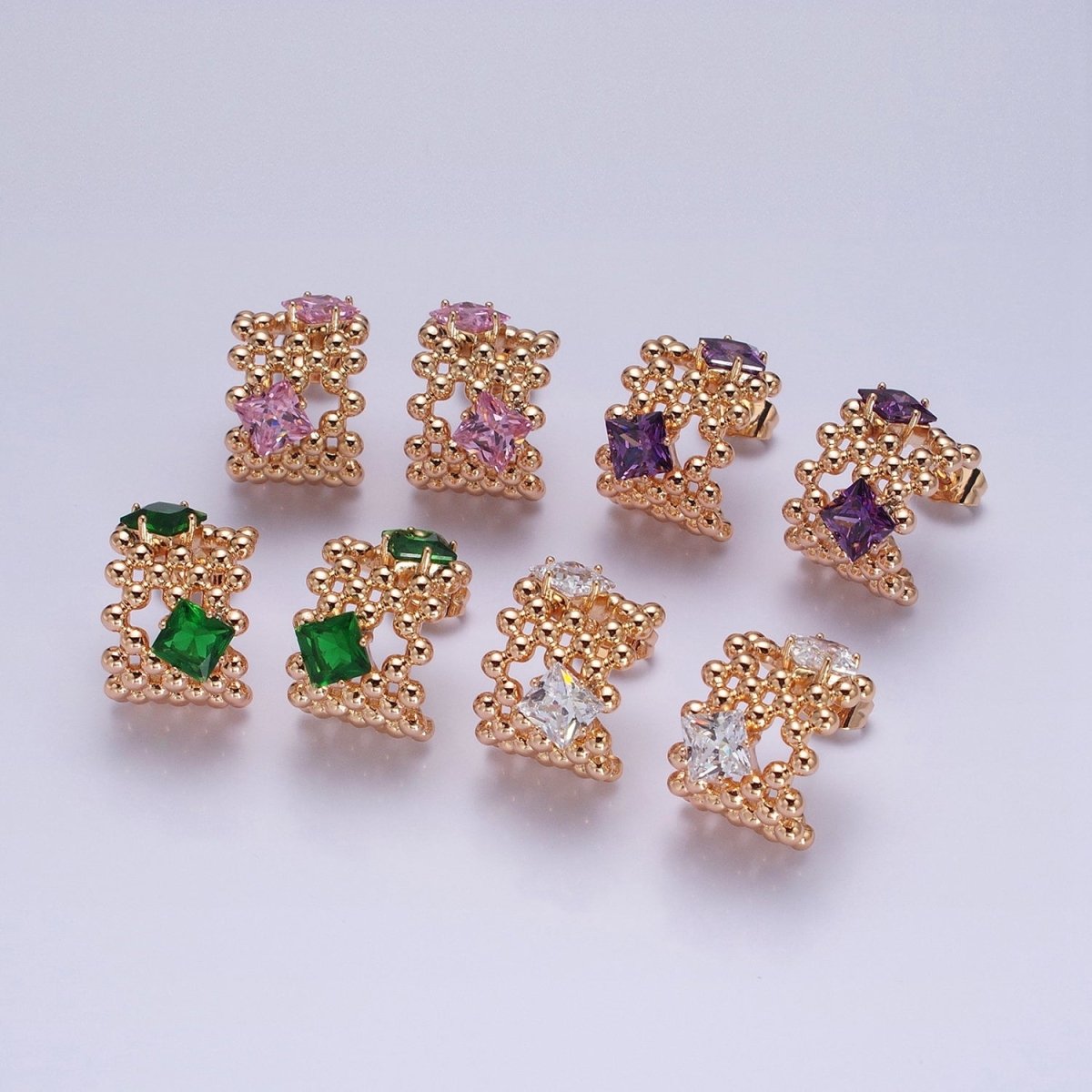 18K Gold Filled Purple, Clear, Green, Pink Square CZ Round Beaded Bubble C-Shaped Hoop Earrings | AD1401 - AD1404 - DLUXCA